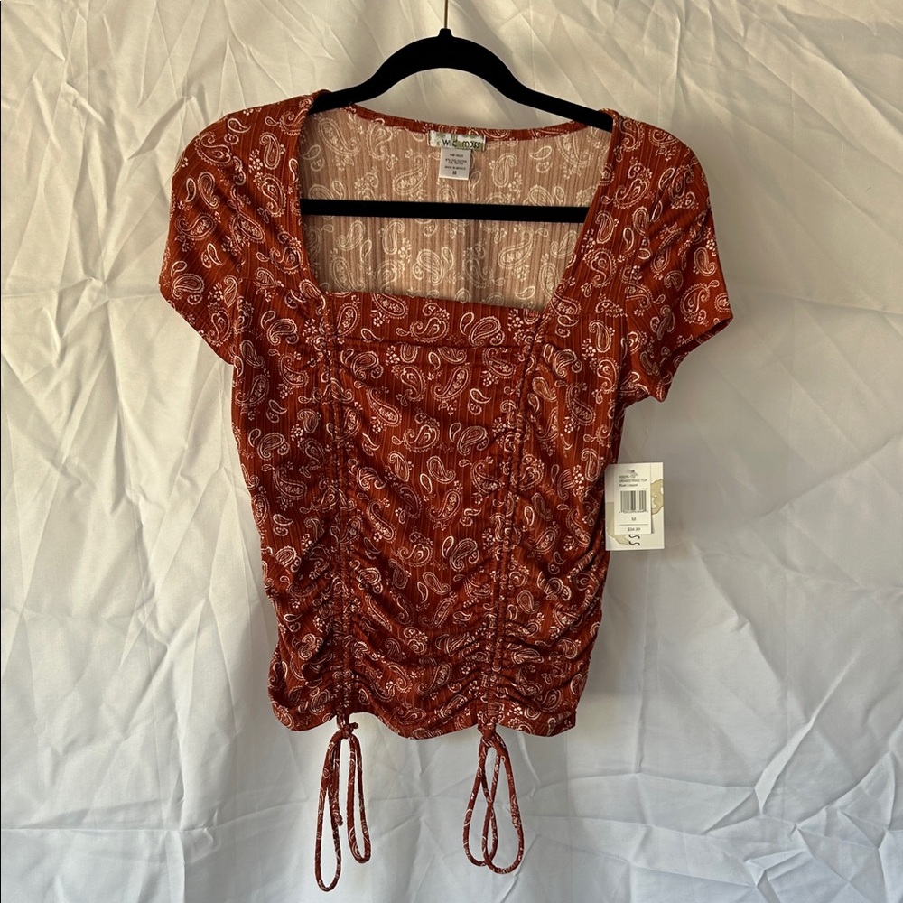 Elegant Rust Paisley Ruched Blouse